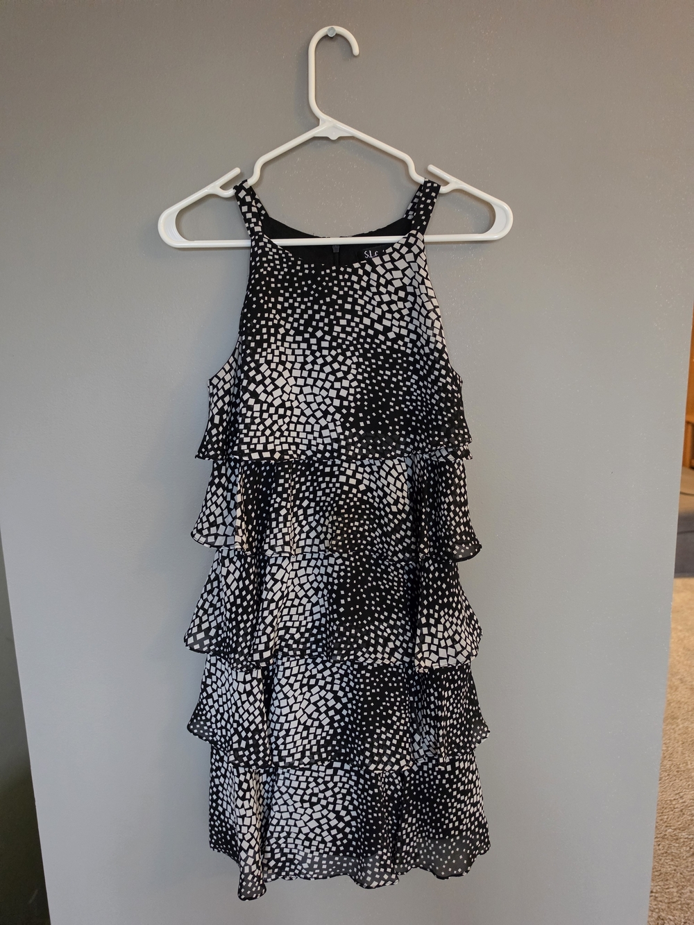 Women's Black and White Tiered Ruffle Halter Dress